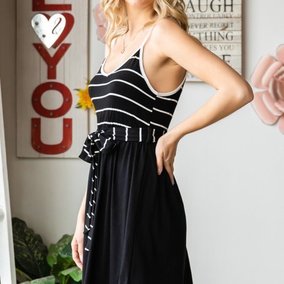 Striped Spaghetti Strap Belted Dress - Picture 5 of 6